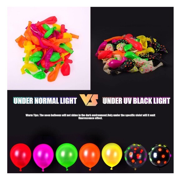 RUBFAC 120 Pieces Neon Balloons, 12” Glow in The Dark Balloons UV Polka Dot Glow - Picture 3 of 5